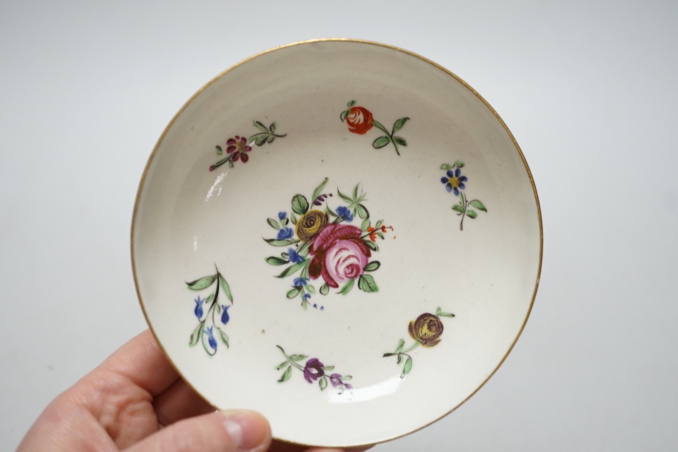 Eight 18th century Caughley teabowl and saucer with Back to Back Roses. 6cm overall